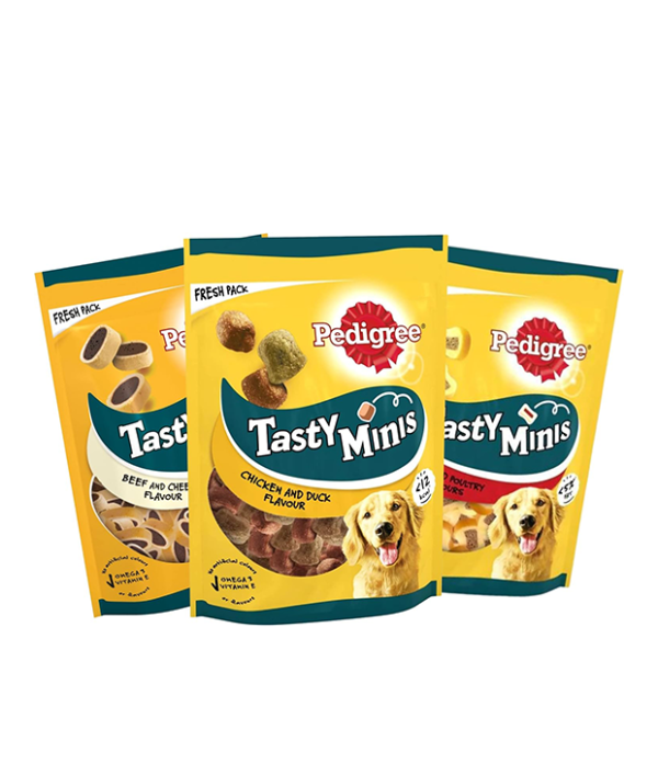 Pedigree Tasty Mini Adult Dog Treats Bundle – 3 Pack Assorted Flavours - Chicken & Duck, Beef & Poultry & Beef & Cheese